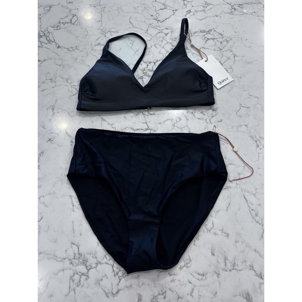 New Quince Black Italian V Neck Bikini Top & High Rise Bottom Set Size Small
